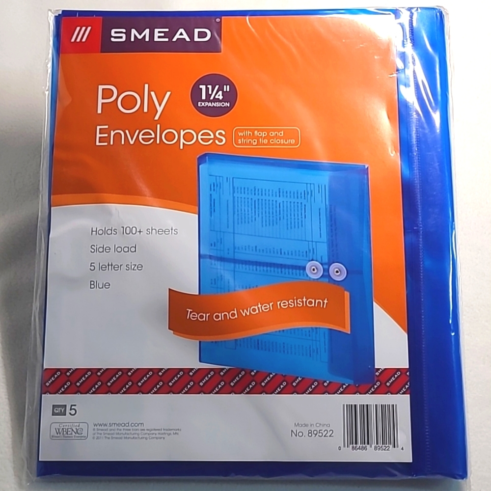 Smead Blue Poly Envelopes 1 1/4" Side Load 5 Pack Tear Water Resistant Flap Tie